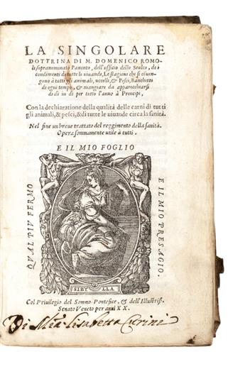 FOOD & WINE, etc.  ROMOLI, DOMENICO. La Singolare Dottrina . . . dellUfficio dello Scalco. 1560. 2 leaves supplied from another copy.